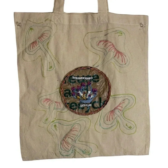 Handmade Embroidered Mushroom Market Tote Bag Fantastic Fungi Up cycle Mycelium - Picture 5 of 5